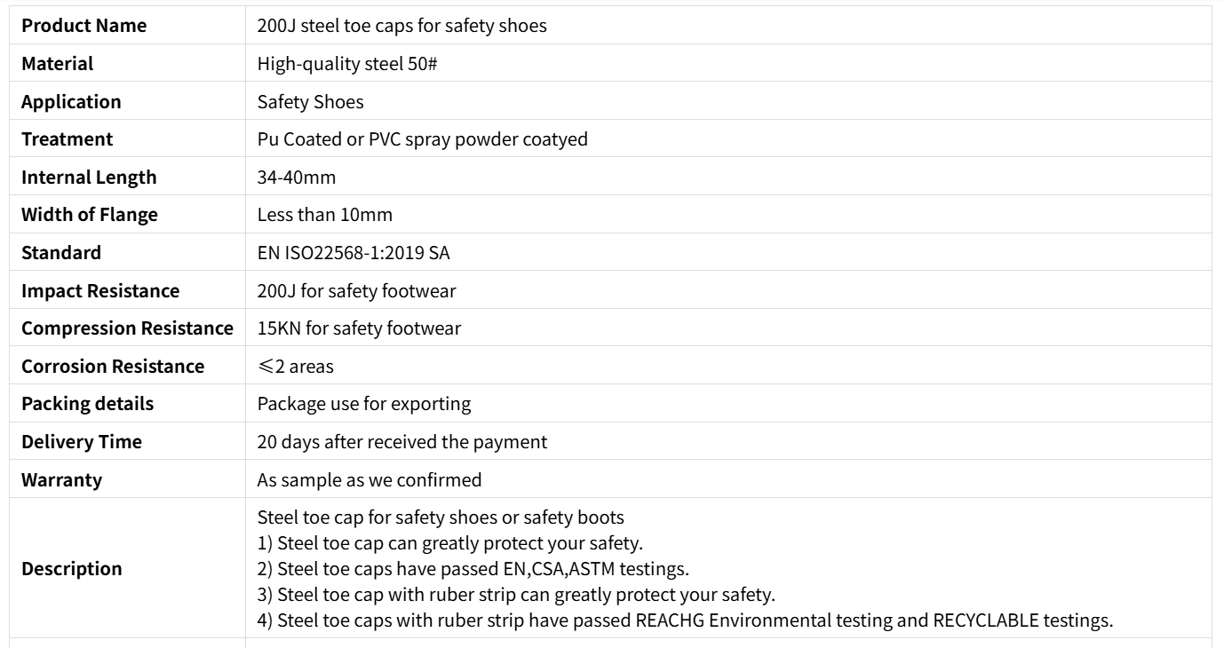 Caps de toe de a&ccedil;o 200j para sapatos de seguran&ccedil;a 